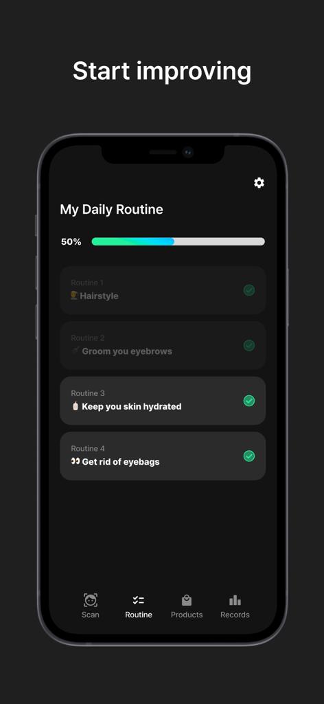 Face Card Looksmaxing - Pantalla de seguimiento de rutina diaria en la aplicación Face Card Looksmaxing que muestra tareas de aseo y progreso