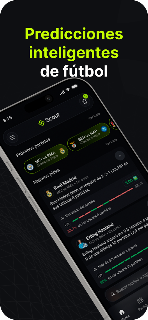 Scout Picks - Interfaccia mobile dell'app Scout Picks che mostra approfondimenti intelligenti sulle scommesse calcistiche e statistiche sui giocatori