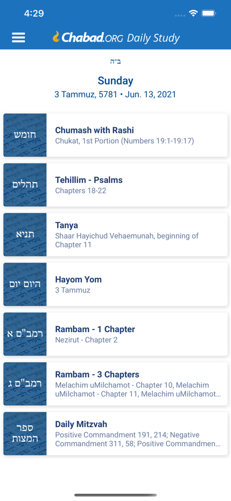 Chabad.org Daily Torah Study - Main dashboard of the Chabad Daily Torah Study app showing daily lessons for Chumash, Psalms, and Tanya
