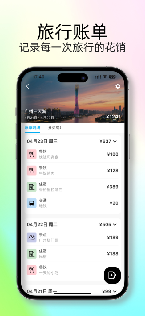 Interface of the Footprint Time Machine app showing a travel bill with categorized expenses for a trip.