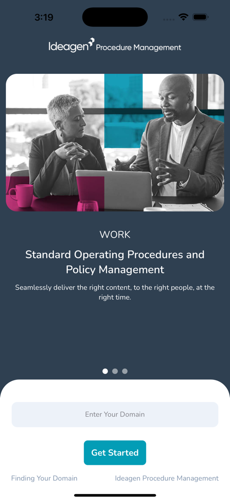 Ideagen Procedure Management - Welcome screen for the Ideagen Procedure Management mobile app featuring standard operating procedures and policy management