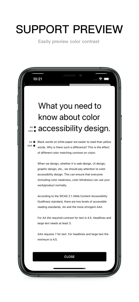CONTRAST - Color Accessibility - WCAGカラーアクセシビリティ標準とコントラスト比を説明するCONTRASTアプリの教育画面