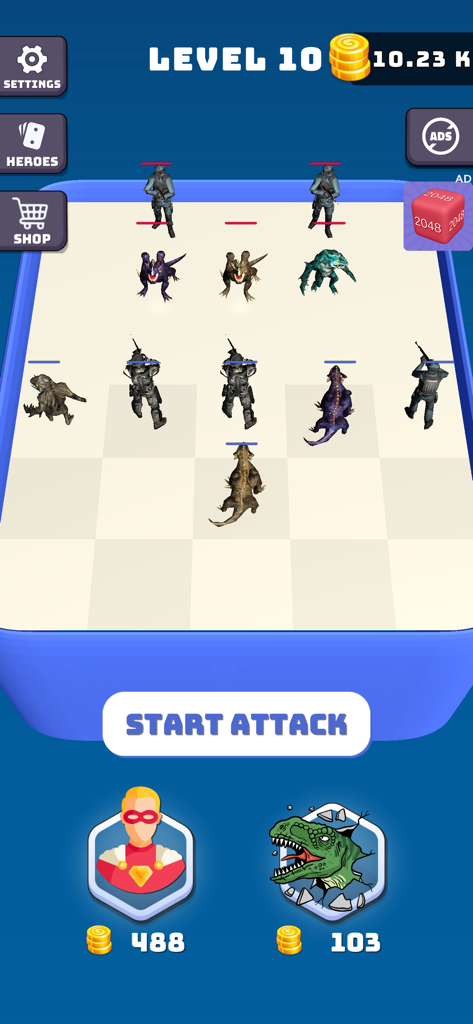 Merge Master: Cosmic Incursion - Gameplay screen of Merge Master Cosmic Incursion showing heroes and monsters on a battlefield grid