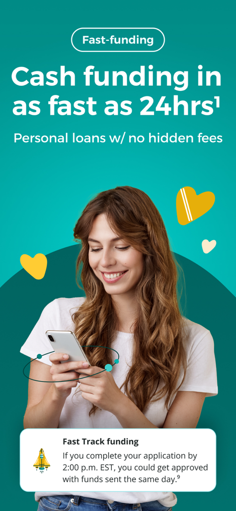 A smiling woman using a smartphone to apply for fast personal loans with 24 hour funding on the Upstart app.