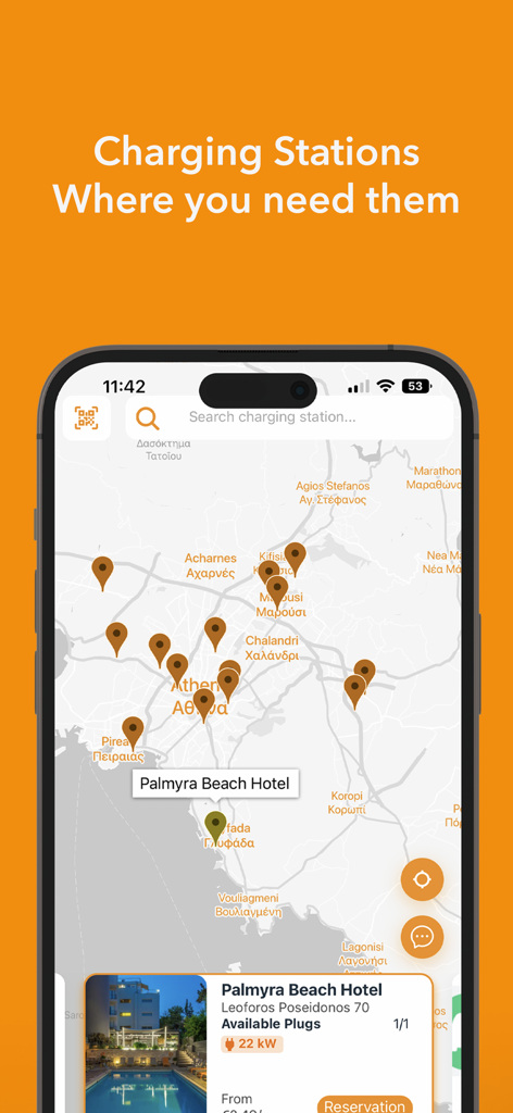 EV Loader app interface displaying a map of electric vehicle charging stations in Athens with a reservation card for Palmyra Beach Hotel