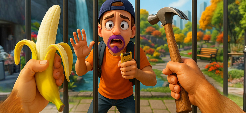 I Am Monkey: Naughty Pranks - A monkey holding a banana and a hammer to prank a shocked man behind bars in a park