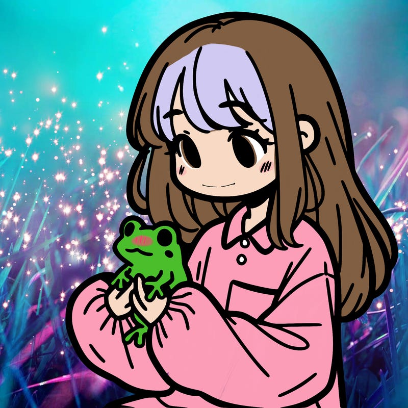 girl with long hair and a oversized shirt. and she is holding a frog