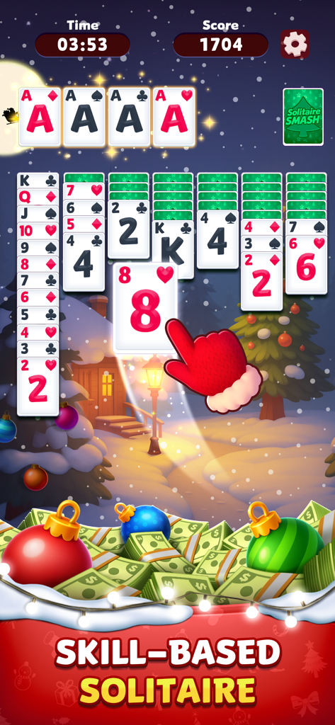 Skill based solitaire gameplay with a winter theme and cash rewards