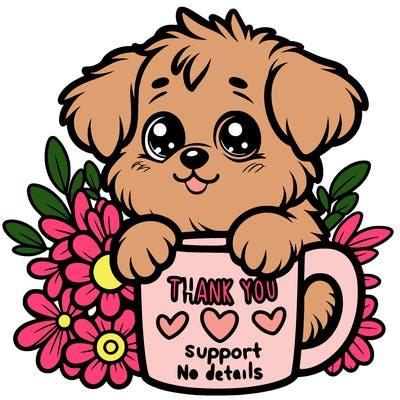a really cute puppy holding a thank you for support mug with flowers everywhere