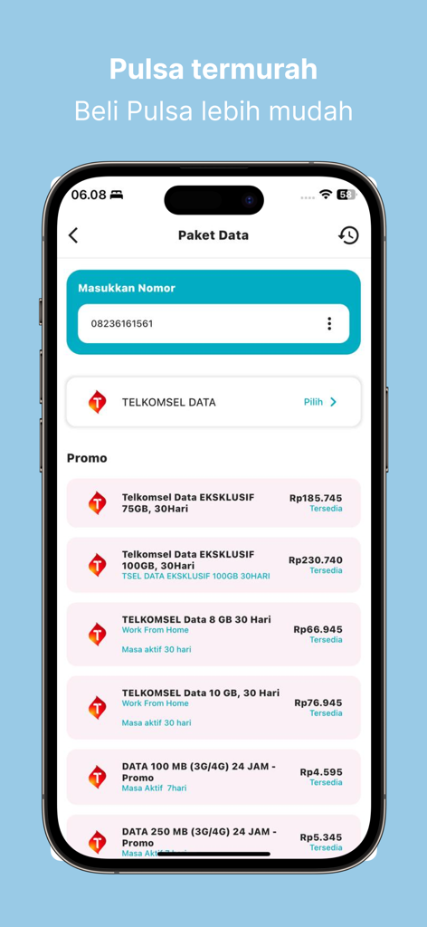 Bisatopup | Agen PPOB Termurah - Screen of Bisatopup app showing Telkomsel data packages selection