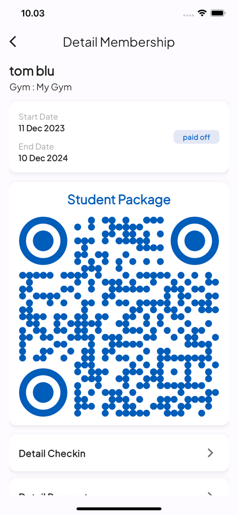 Sangtum Fitness app screen showing membership details and a QR code for gym check-in.