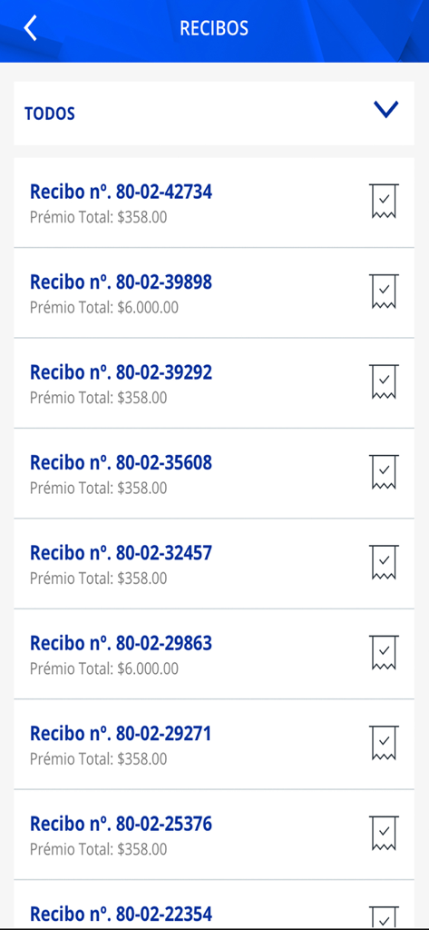 Elenco delle ricevute assicurative nell'app GarantiaMobile che mostra numeri di ricevuta e importi dei premi