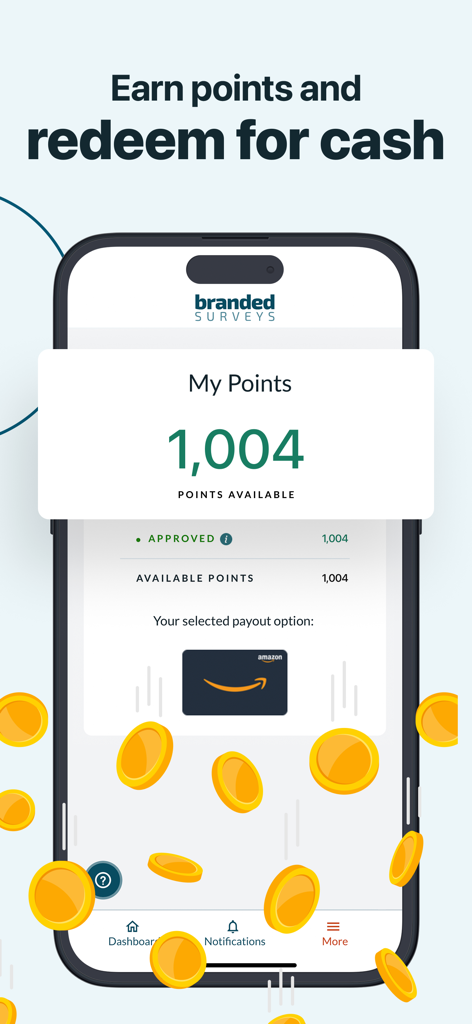 1,004ポイントとAmazonギフトカードの出金オプションが表示されたBranded Surveysアプリのダッシュボードを表示する携帯電話。
