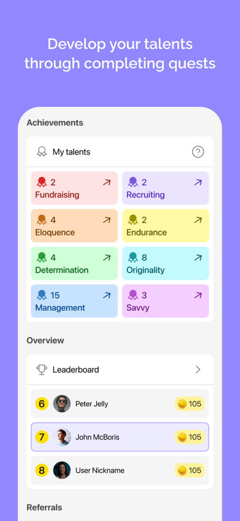 Qela - Oberfläche der Qela-App, die Benutzererfolge in verschiedenen Talenten und eine Community-Rangliste zeigt