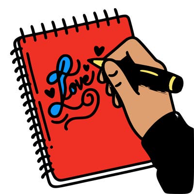 a hand writing “love” in calligraphy on a notebook