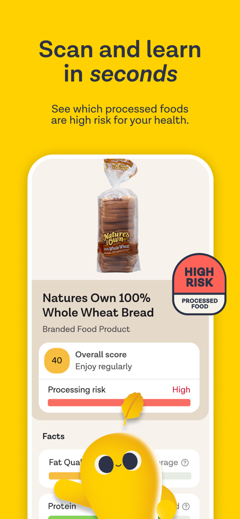 ZOE Health: AI Meal Tracker - ZOE Health app food scanner showing a high processing risk rating for a whole wheat bread product