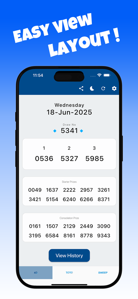 Mobile app screenshot showing Singapore 4D lottery winning numbers with a clear and easy to read layout