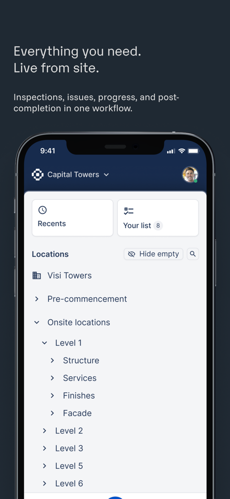 Visibuild - Visibuild mobile app interface showing construction project locations and onsite workflow tracking