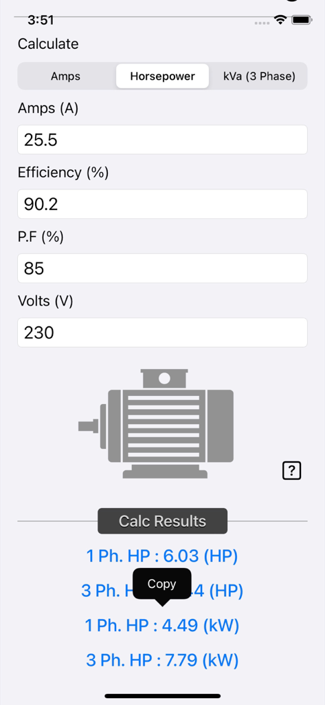 Electrical Motor Calculator - Interface of the Electrical Motor Calculator app showing input fields for Amps, Efficiency, Power Factor, and Volts with results for 1-phase and 3-phase horsepower.