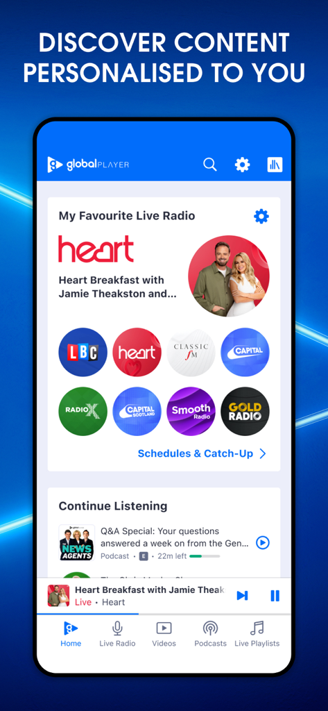 Global Player Radio & Podcasts - Pantalla de inicio de la aplicación móvil Global Player con emisoras de radio personalizadas y recomendaciones de podcasts