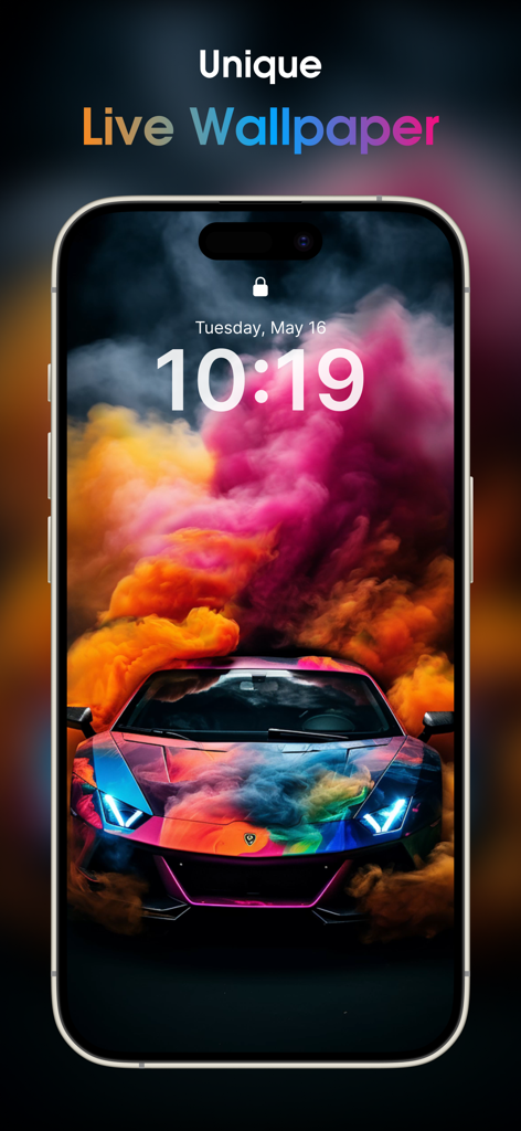 Wallive: 4K Wallpaper & Widget - Pantalla de bloqueo del iPhone mostrando un fondo de pantalla animado único de un superdeportivo colorido con humo vibrante de la aplicación Wallive