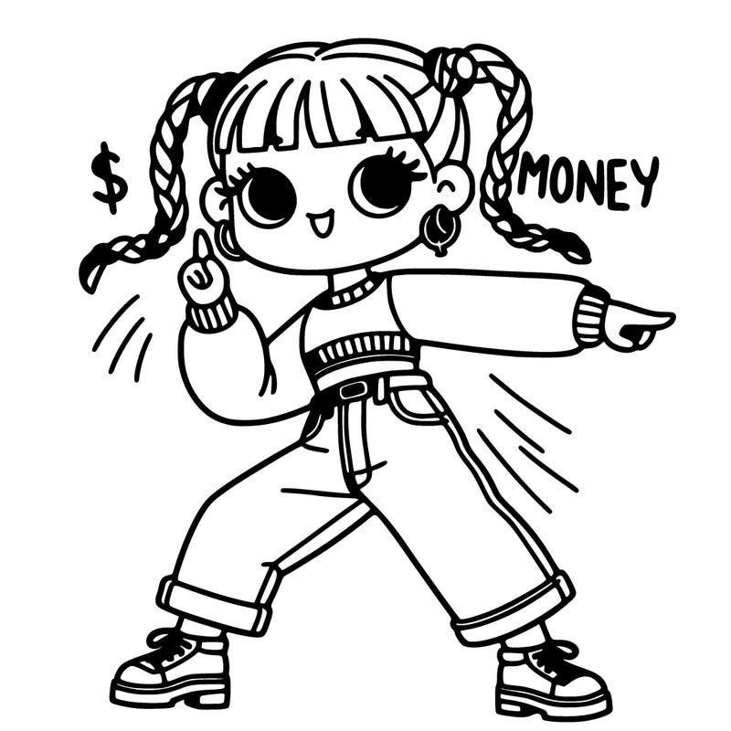 a girl with long pigtails and a crop top and loose jeans dancing and saying money