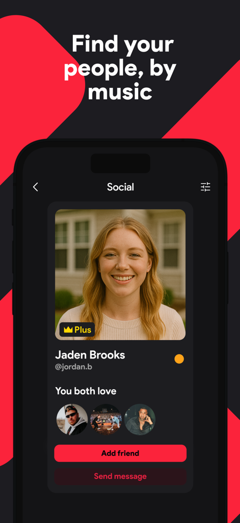stats.fm for Apple Music - Un smartphone montrant le profil social d'un utilisateur nommé Jaden Brooks sur stats.fm avec des boutons pour ajouter en ami ou envoyer un message.