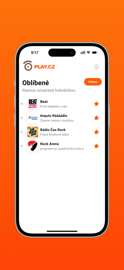 List of favorite Czech radio stations in the PLAY.CZ app interface.
