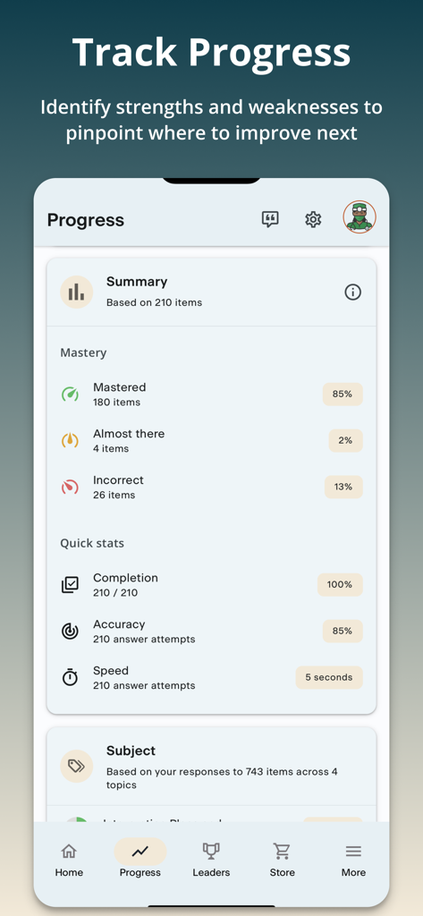 PSI Test Prep - PSI Test Prep app progress screen showing study mastery and performance statistics