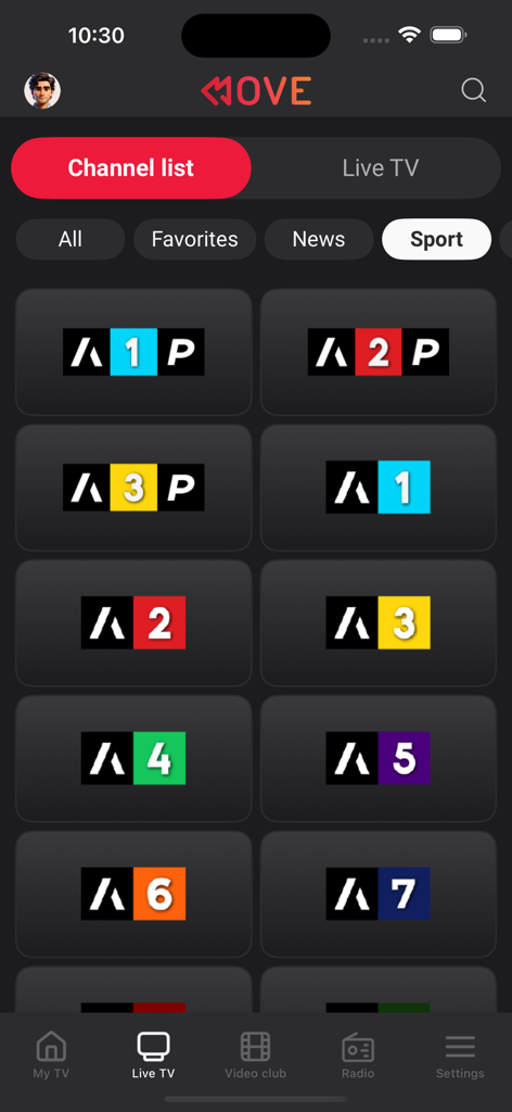 MOVE TV - MOVE TV App-Oberfläche mit einer Liste von Arena Sport-Kanälen in der Sportkategorie