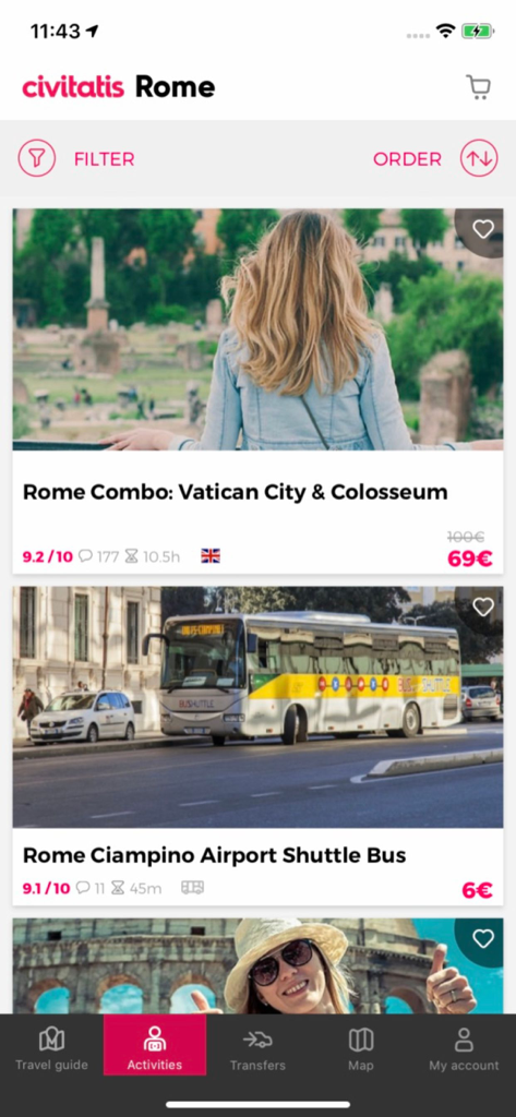 Rome Guide by Civitatis.com - Captura de pantalla de la aplicación Guía de Roma de Civitatis que muestra una lista de actividades reservables, como tours combinados del Vaticano y Coliseo, y autobuses de traslado al aeropuerto.