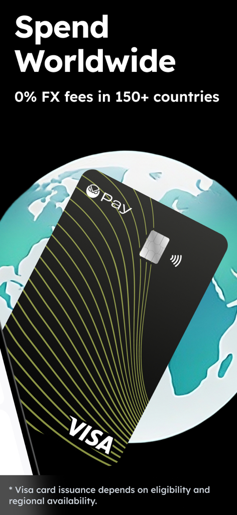 Zeal: Digital Wallet & Card - Una carta Visa Zeal nera e verde di fronte a un globo con testo che evidenzia commissioni di transazione estere nulle in oltre 150 paesi