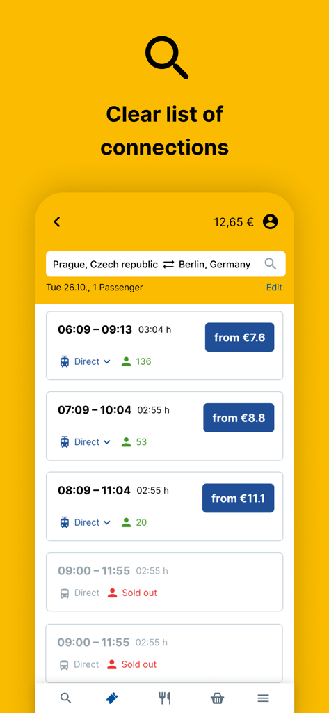 RegioJet app interface showing a list of train connections from Prague to Berlin with departure times and prices