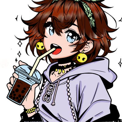 hot baddie anime girl drinking boba and biting the straw