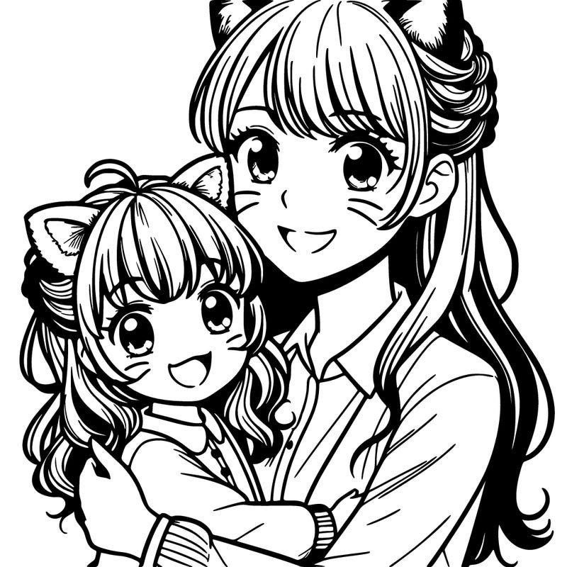 manga character mom with long hair and bangs with daughter with short hair and bangs and cat ears hugging tight while both smiling