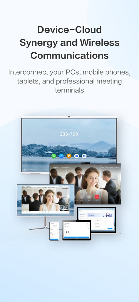 HUAWEI CLOUD Meeting - HUAWEI CLOUD Meeting app shown across multiple devices including a phone tablet laptop and professional monitor for cross platform collaboration
