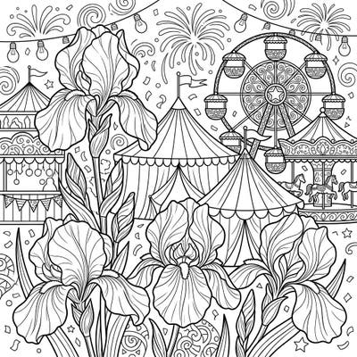 Discover a unique blend of natural beauty and festive excitement with this captivating coloring page. Elegant irises stand gracefully amidst the exhilarating atmosphere of a classic carnival, promising a delightful artistic escape.
