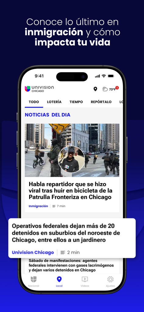 Univision Noticias - Univision Noticias 모바일 앱 화면, 시카고 이민 관련 지역 뉴스 헤드라인 표시