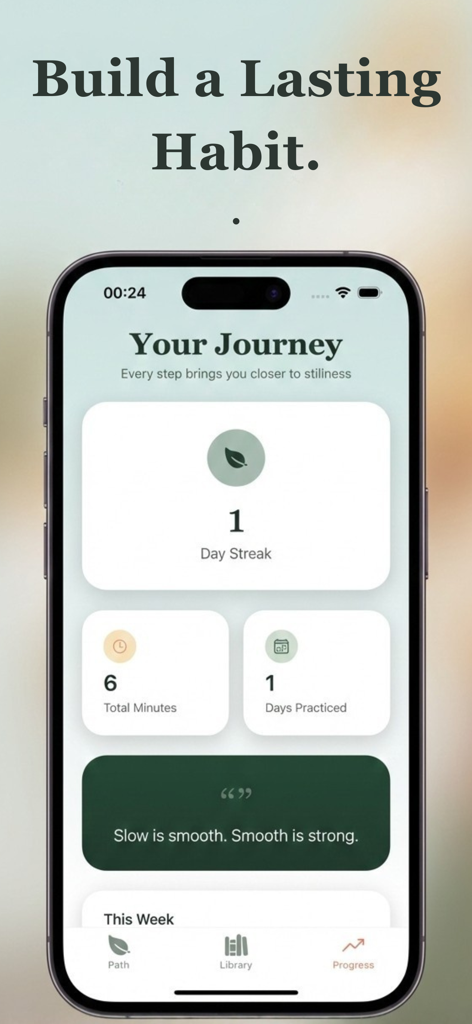 Tai Chi for Beginners: Flow - Tai Chi app progress screen showing practice streaks and total minutes.