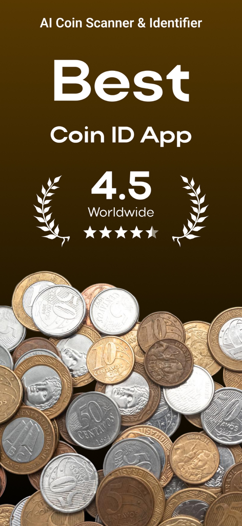 AI Coin Scanner & Identifier - AI Coin Scanner and Identifier app screen showing a four point five star rating and international coins