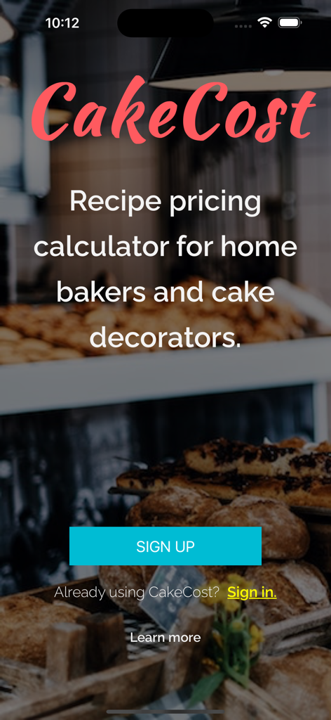 CakeCost app welcome screen featuring a recipe pricing calculator for home bakers and cake decorators