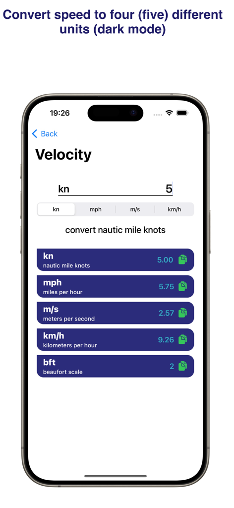 Marine Converter - Marine Converter app velocity screen showing conversion from knots to mph, m/s, km/h, and Beaufort scale.