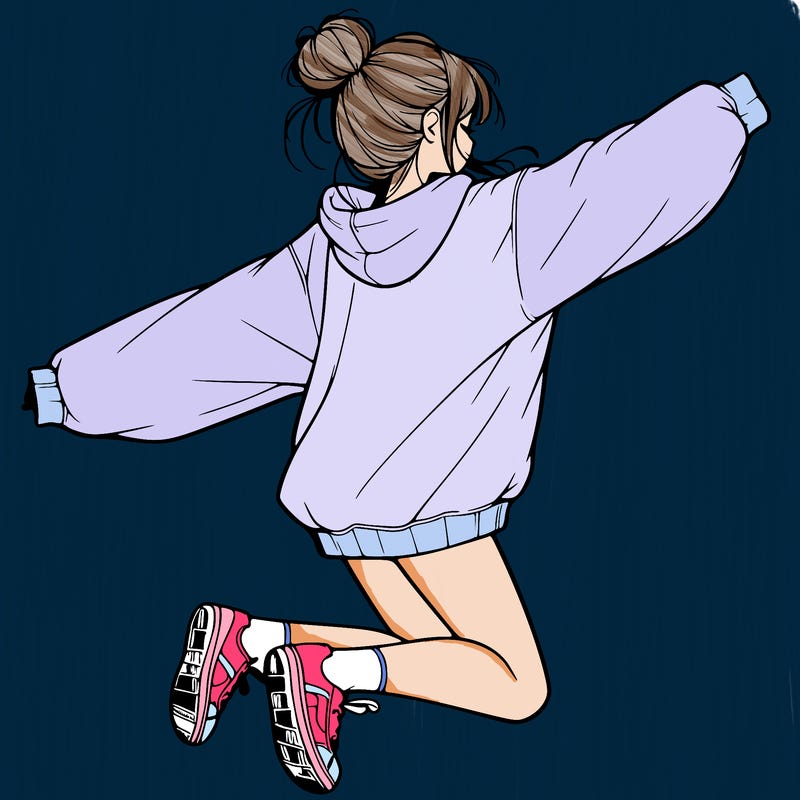 realistic girl jumping with a bun and oversized sweatshirt