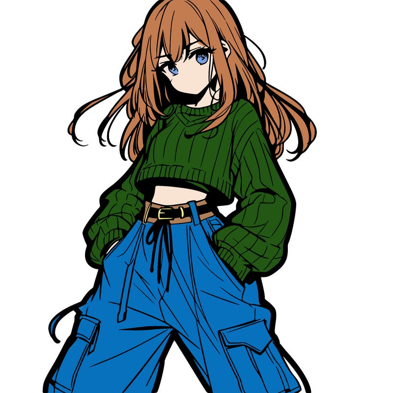 anime teen girl with baggy pants and crop top with sweater