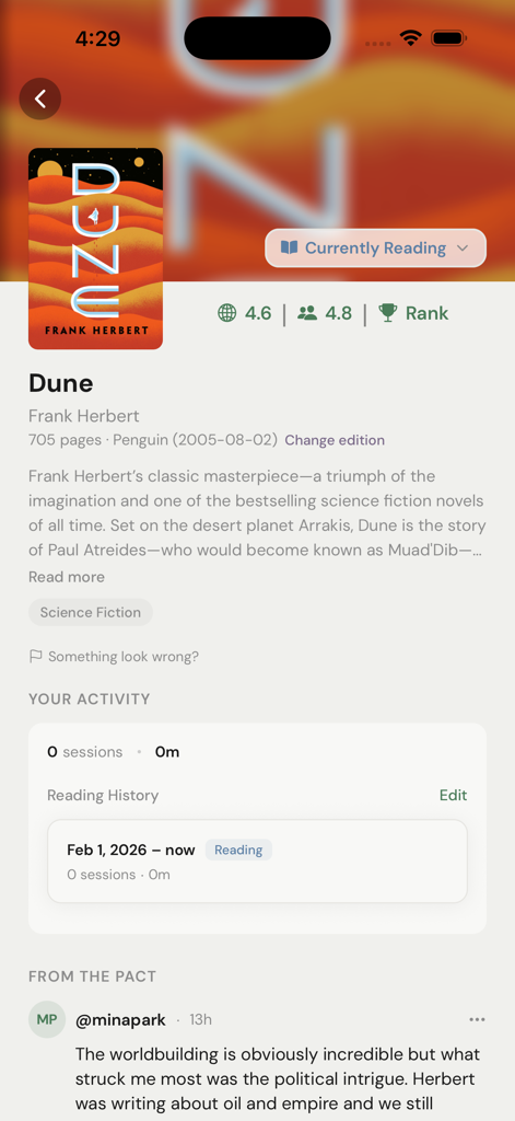PagePact - Tela do aplicativo PagePact mostrando detalhes do livro e atividade de leitura de Duna de Frank Herbert.