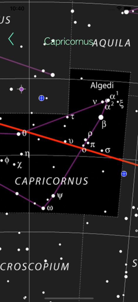 Mapa estelar digital que muestra la constelación de Capricornio con estrellas etiquetadas en la aplicación Astronomía 3D