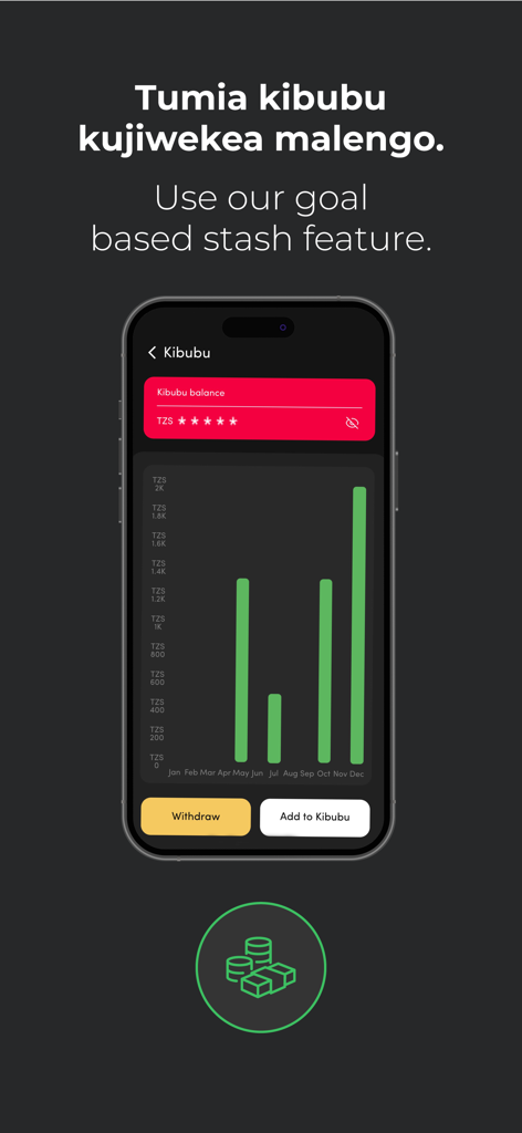 Selcom Pesa - Selcom Pesa app interface showing the Kibubu goal based stash feature and monthly savings graph