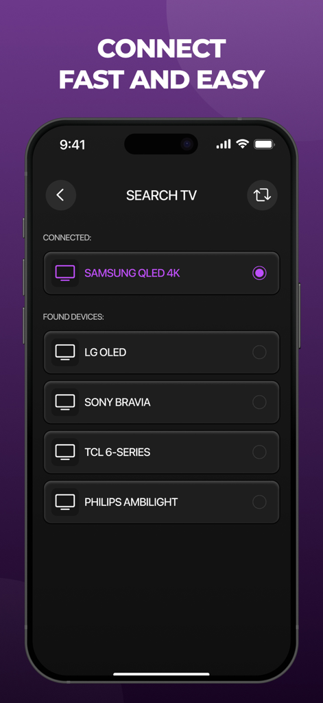 Interface do aplicativo Controle Remoto Universal TV procurando e conectando-se a smart TVs