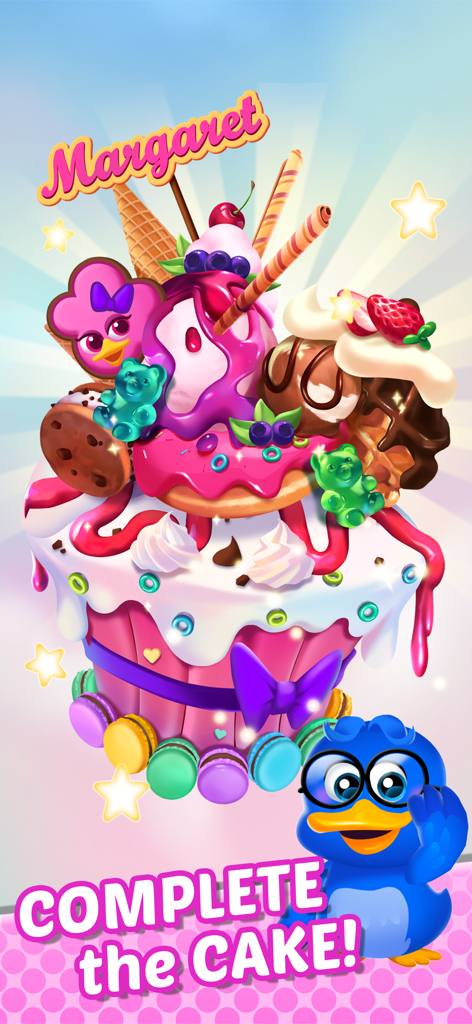 Un pastel de postre colorido y de varias capas decorado con dulces y macarons en Merge Cookie Island