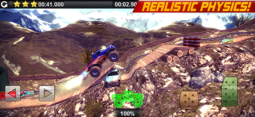 Offroad Legends - A blue monster truck jumping on a rocky mountain track in the Offroad Legends game.